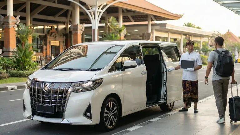 Guest met beside a Toyota Alphard at the Bali airport arrival canopy