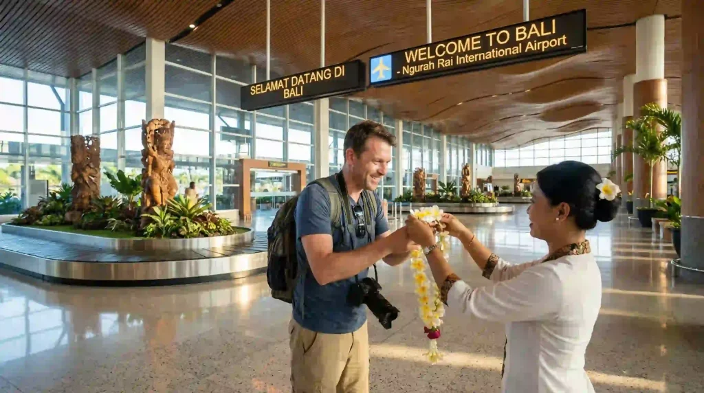Guest welcomed with a frangipani garland under the Welcome to Bali sign at Ngurah Rai International Airport arrival hall