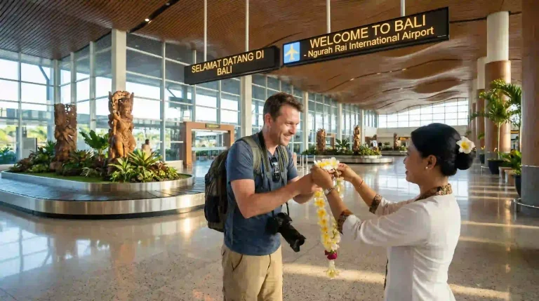 Guest welcomed with a frangipani garland under the Welcome to Bali sign at Ngurah Rai International Airport arrival hall