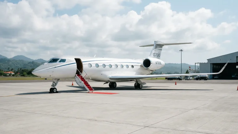 Private jet parked on the tarmac at Bali airport with stairs deployed for VIP arrival
