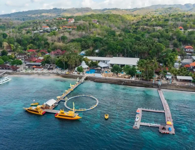 Aerial view of boats moored at a pier in Indonesia